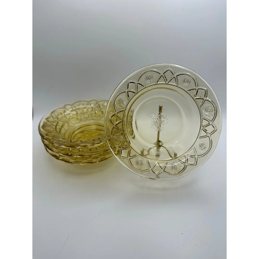1930s Federal Glass “Rosemary” Dutch Rose Depression Glass Fruit Bowl Set (4)